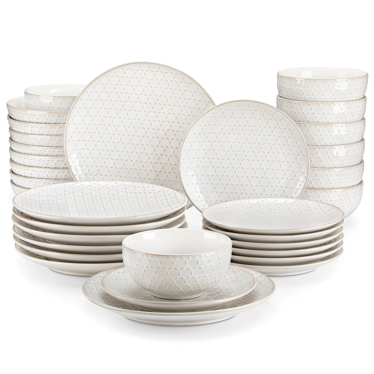 MALACASA LYDIA 16/32 Piece Stoneware Plates Dinner Set White Embossment Dinnerware Set with 6pcs Dinner plate/Dessert/Bowl/Soup