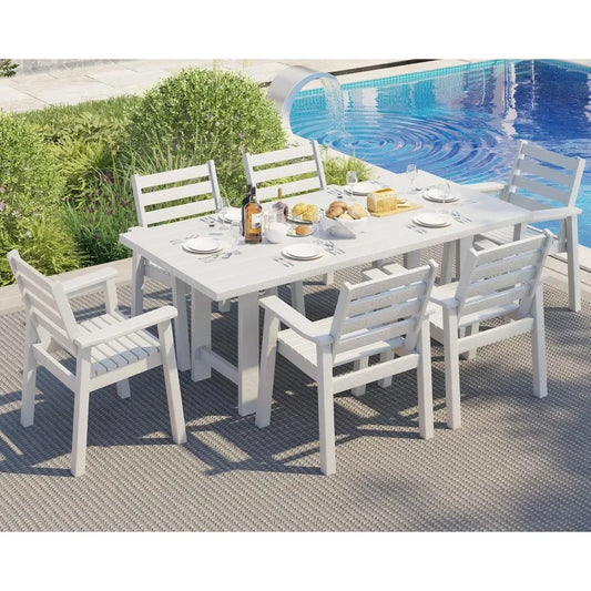 7-Piece HDPE Outdoor Dining Table Set with 6 Chairs,71" L Patio Dining Furniture Set with Umbrella Hole