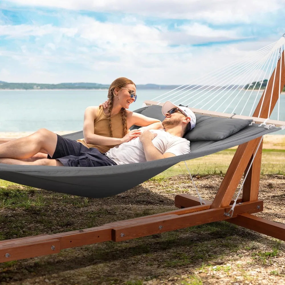 SUNCREAT Adjustable 12-14 ft Wooden Hammock Stand, Outdoor Larch Wood Hammock Stand Only, 475 lbs Capacity