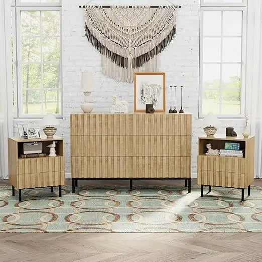 3 Piece Dresser and Nightstand Sets for Bedroom, 43" Matching 6 Drawer Dresser & Nightstand Set of 2, Modern Fluted Solid Wood
