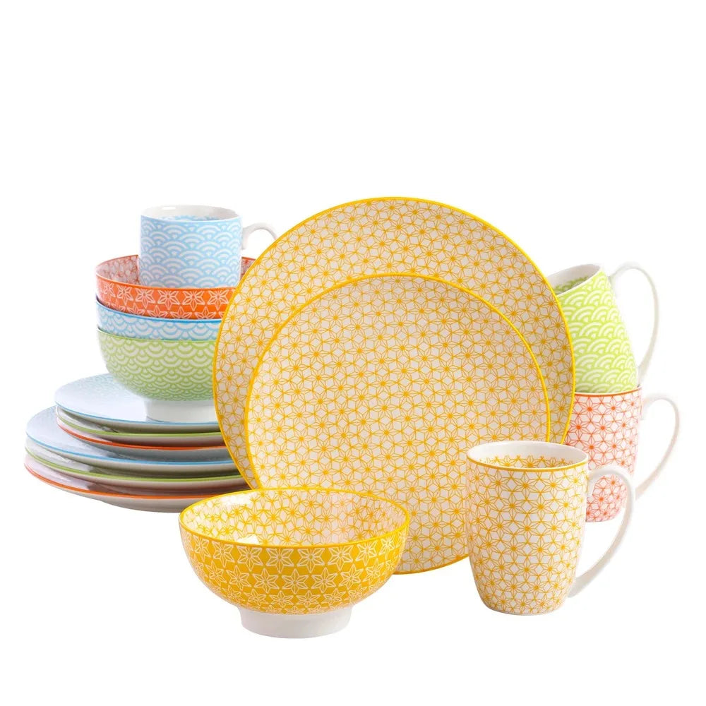 Vancasso Natsuki 16PCS tableware Porcelain Multi-Colour Japanese-style Dinnerware Set with 4 Dinner Plate Dessert Plate Bowl Mug