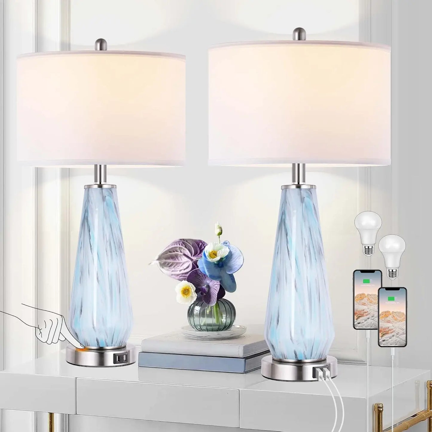 odern Table Lamp Set of 2 Touch Control, 27" Tall Faded Swirl Blue Gray Art Glass Bedside Lamp with USB Ports, 3-Way Dimmable