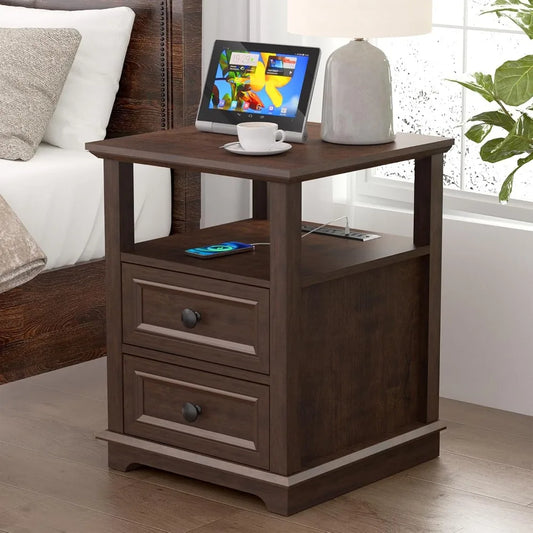 24" Nightstand with Charging Station, End Table with 18W Fast Charge, Side Table with Drawers,Rustic Wood Storage Cabinet with O