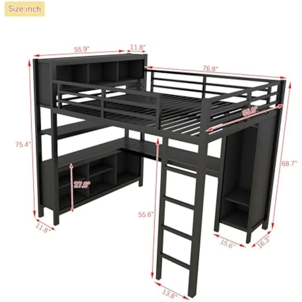 JYH Full Size Loft Bed for Teens and Adults, Metal Loft Bed with Wardrobe and L-Shaped Desk, Heavy Duty Full Bed with Storage Cu