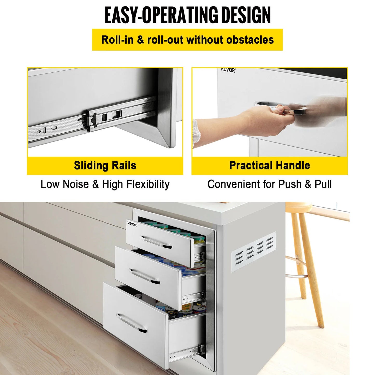 SucceBuy Stainless Steel Outdoor Kitchen Drawer With Handle Triple Layer for BBQ Island Grilling Cabinet Storing Cookware