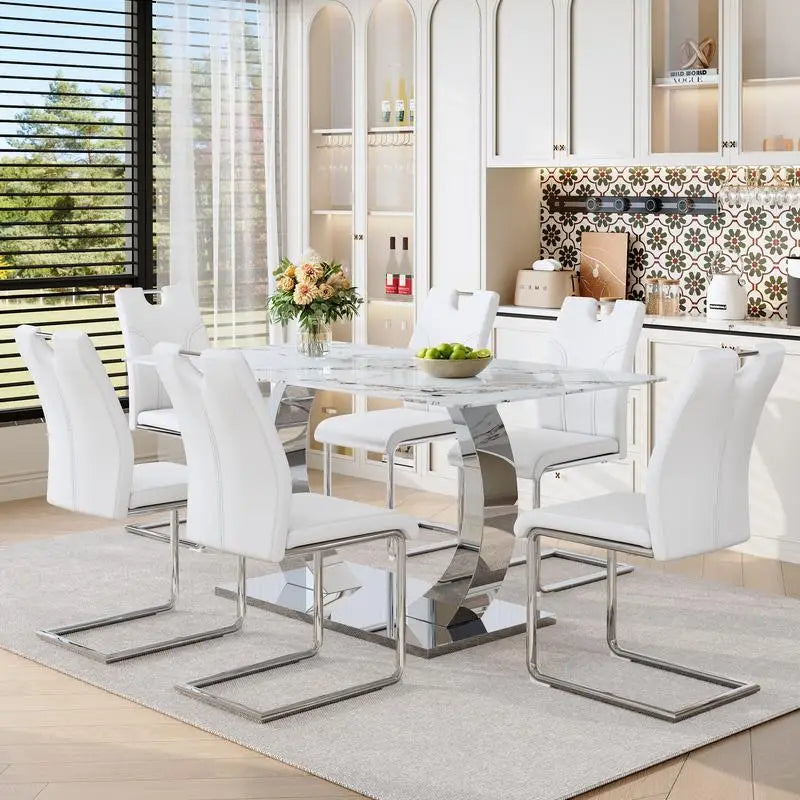 63-Inch Modern Dining Table Set with 6 Upholstered Chairs, White Tempered Glass Top & Adjustable Stainless Steel Base,