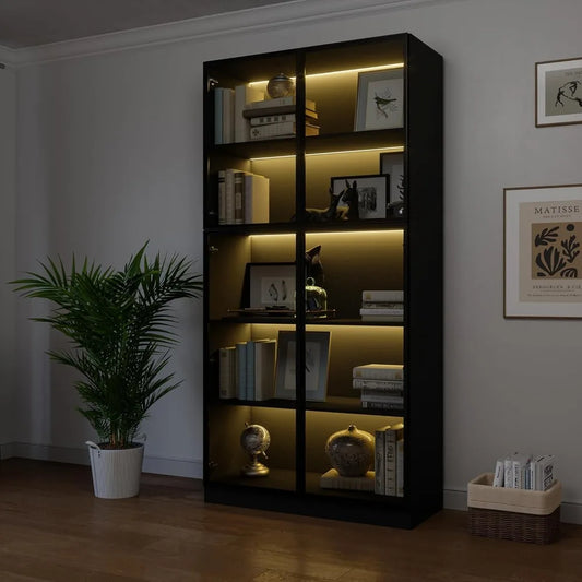 Display Cabinet with 4 Glass Doors, 5 -Tier Storage Cabinet with LED Lights, 78.7" Tall Black Bookcase with Storage, Wooden Disp