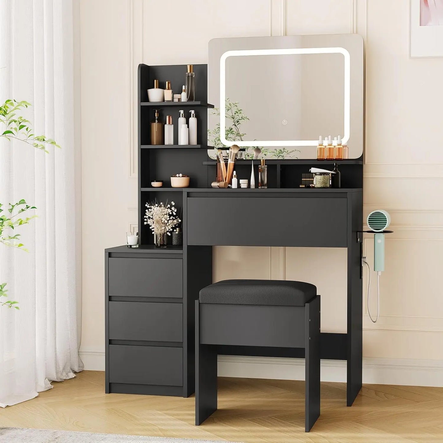 Vanity Desk with Mirror and Lights, Makeup Vanity with Adjustable Lights, Power Outlet & Storage Dressing Table with Mirror