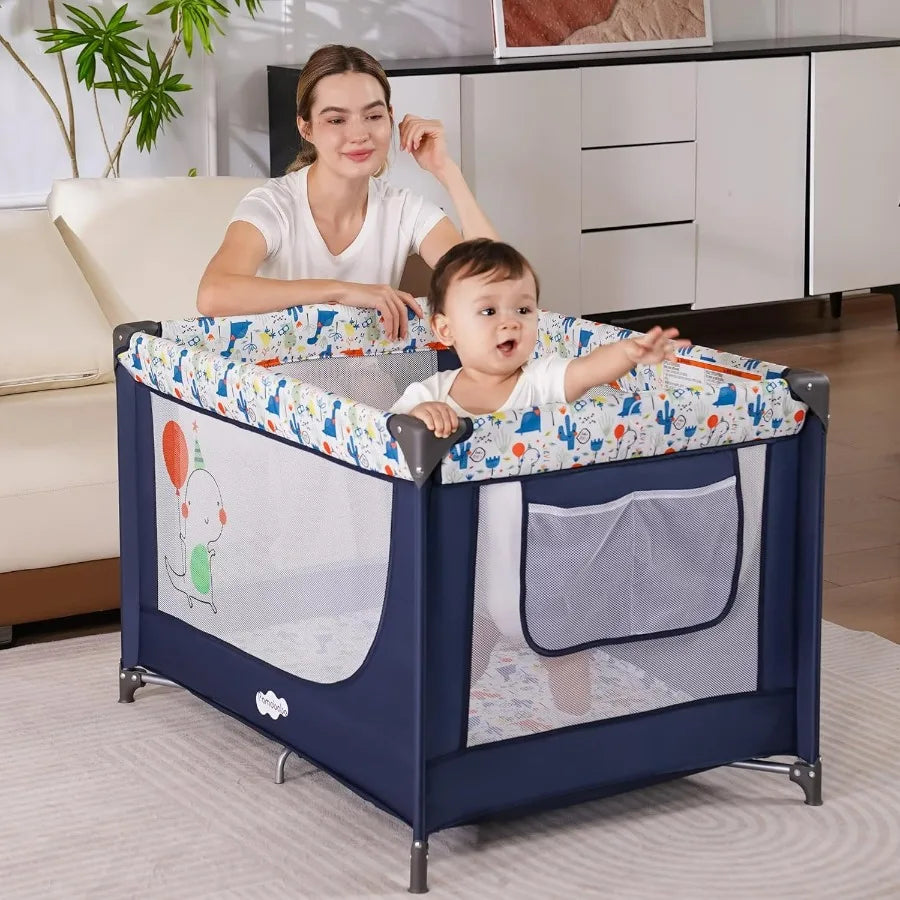 Pamo Babe Travel Foldable Portable Bassinet Baby Infant Comfortable Play Yard Crib Cot with Soft Mattress Breathable Mesh Walls