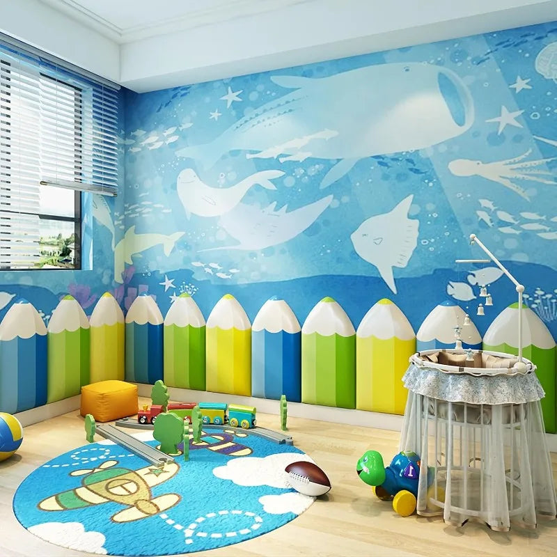 3D Anti-Collision Padded Panels, Peel & Stick Headboard, Playroom & Nursery Sensory Wall Stickers (Dark Blue, 12)