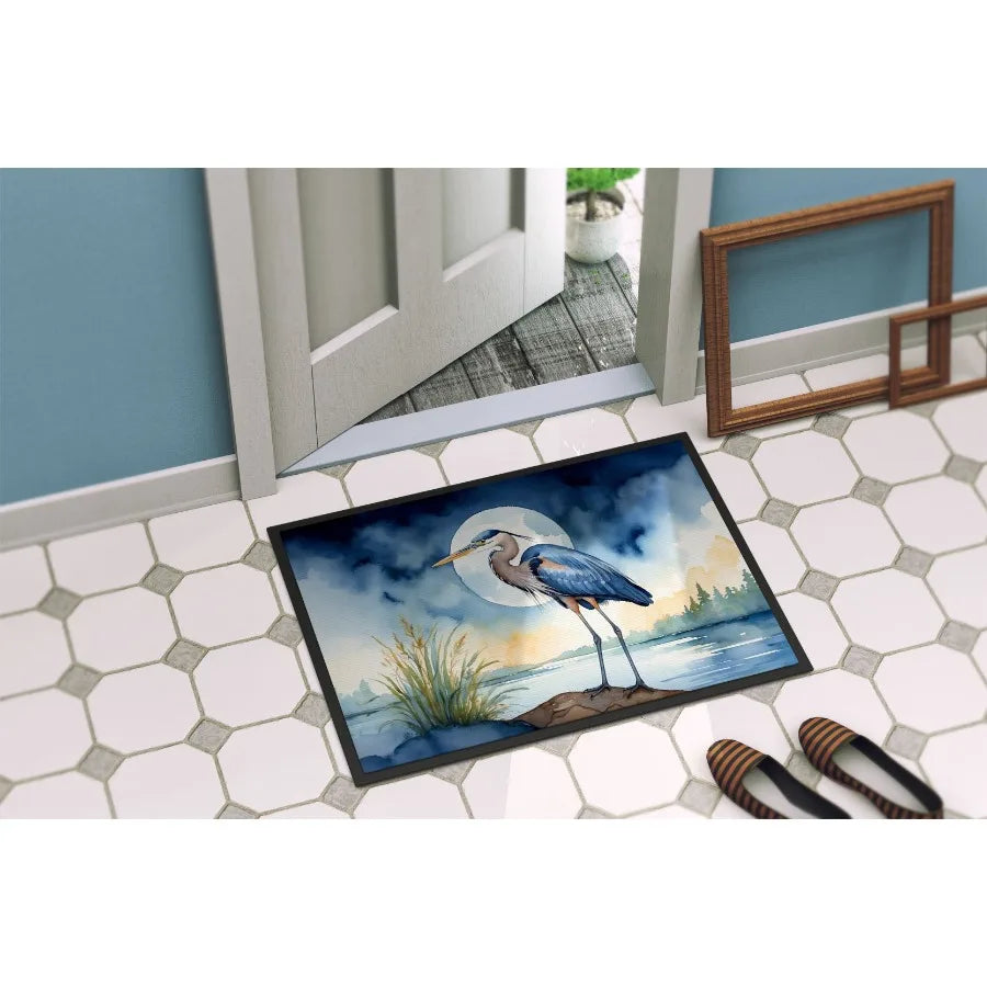 Blue Heron Under the Moonlight Doormat Front Door Mat Indoor Outdoor Rugs for Entryway Non Slip Washable Low Pile 24H X 36W
