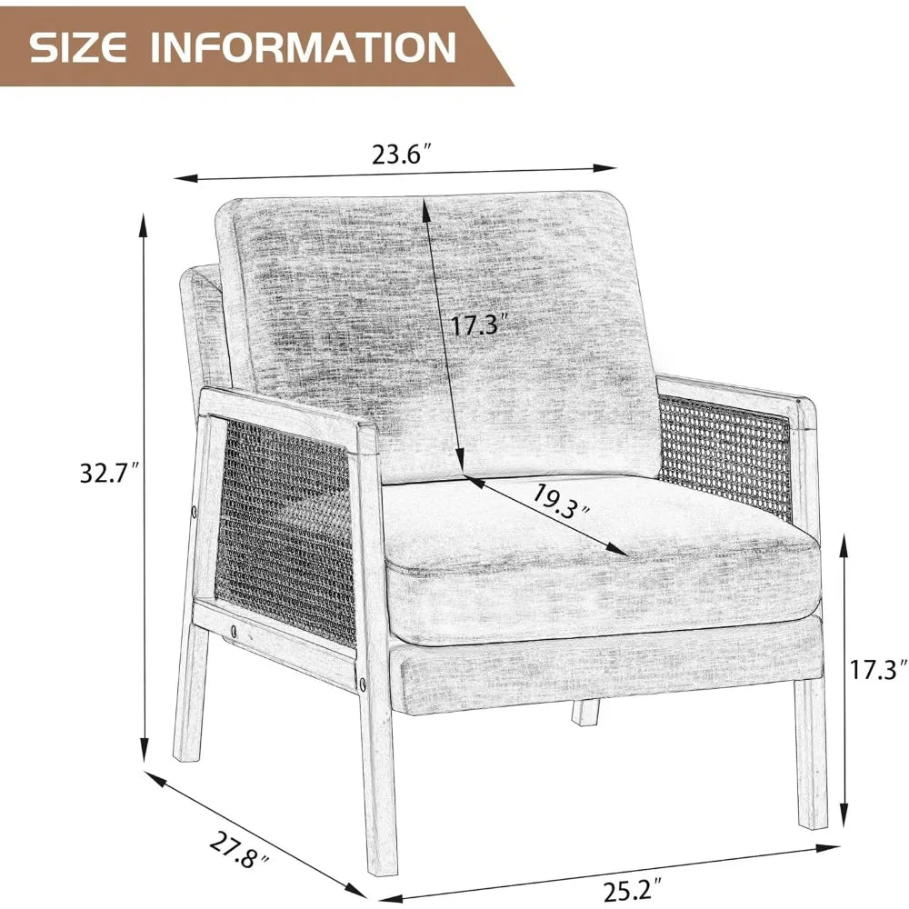 Brown Accent Chair Set of 2 Upholstered Living Room Chairs Natural Rattan Armchair, Modern Faux Leather Slipper