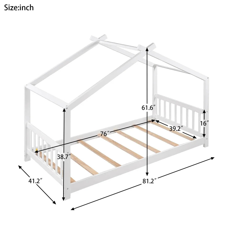 White house Children Beds，Low Profile House Bed, Wood House-Shaped Twin Platform Bed for Kids, No Box Spring Needed
