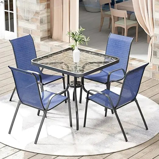 5 Piece Outdoor Patio Dining Set (Umbrella not Included), Porch Furniture with 4 Textline Chairs, 1 Square Glass Table for Gard