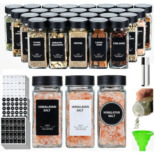 24Pcs Spice Jars Containers with Labels，4oz Black Seasoning Bottles with Shaker Lids for Rack, Cabinet, Drawer,Empty Square Cond