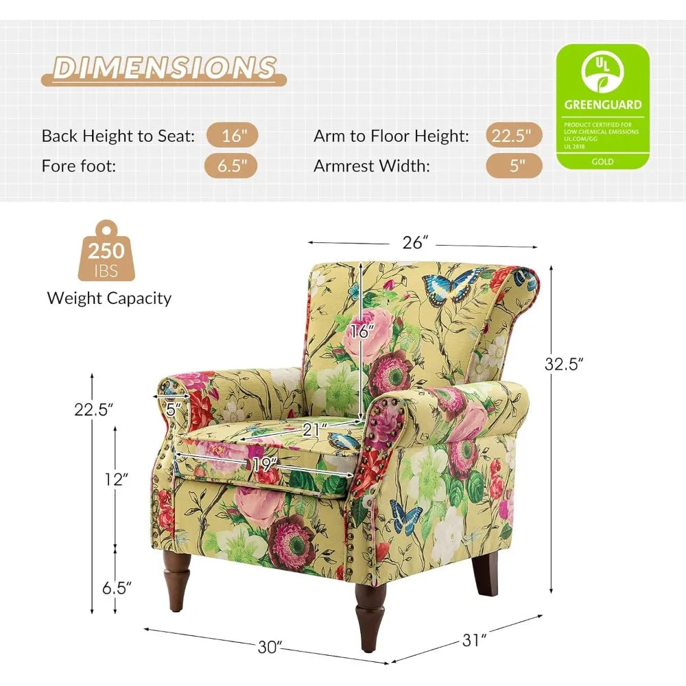 Contemporary Wingback Accent Chair with Wooden Legs and Removable Cushion, Plush Upholstered Armchair featuring Nailhead Trim, F