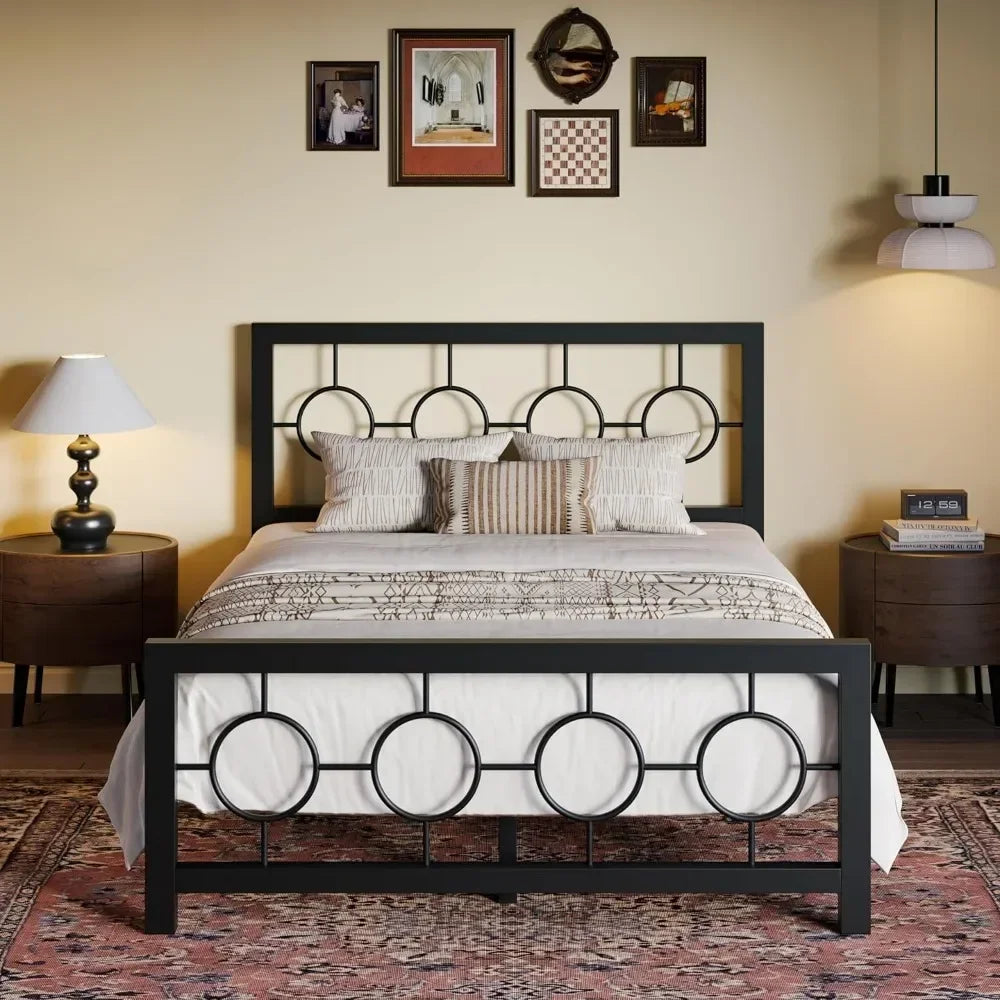 Full Size Bed Frame with Vintage Circular Design Headboard and Footboard, No Box Spring Required, Easy Assembly, Noise-Free