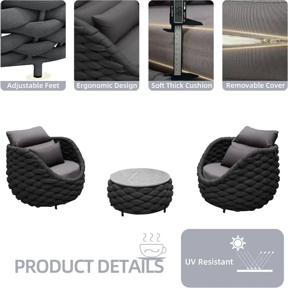 3 Pieces Aluminum Patio Furniture Set, Hand Woven Polyester Rope Modern Outdoor Set W/Washable Cushion