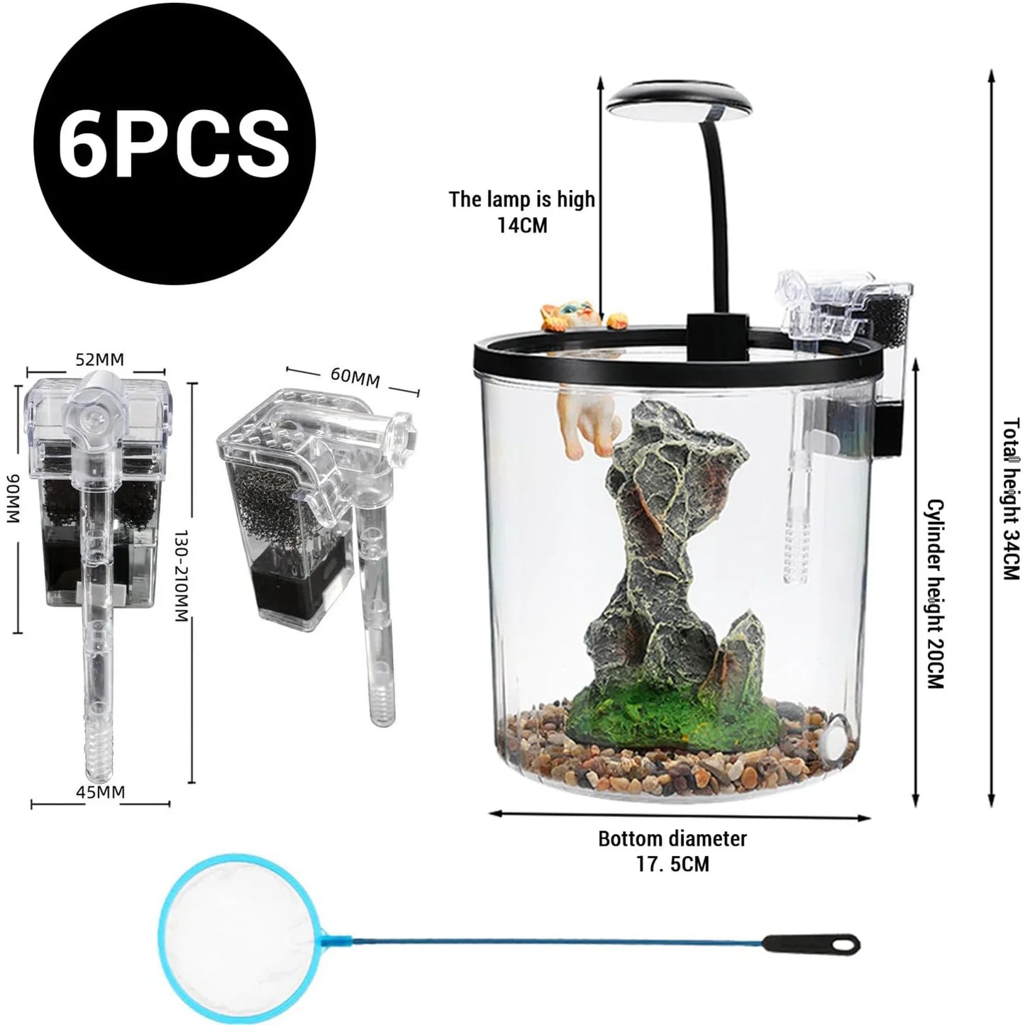 1.5 Gal Betta Fish Tank Starter Kit With Quiet Filter LED Light Oxygen Generator Acrylic HD View For Beginners Goldfish Guppies