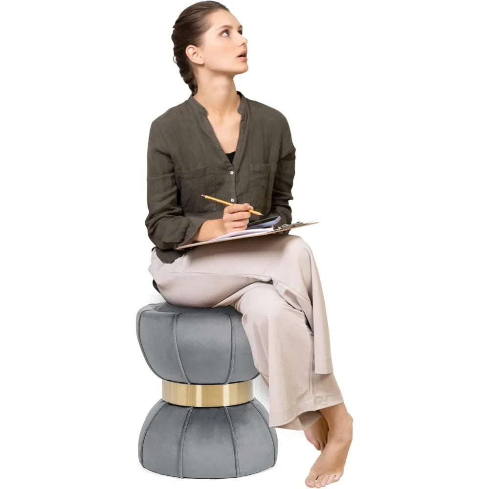 Huanzhuang Round Velvet Ottoman With Metal Band Home Decor