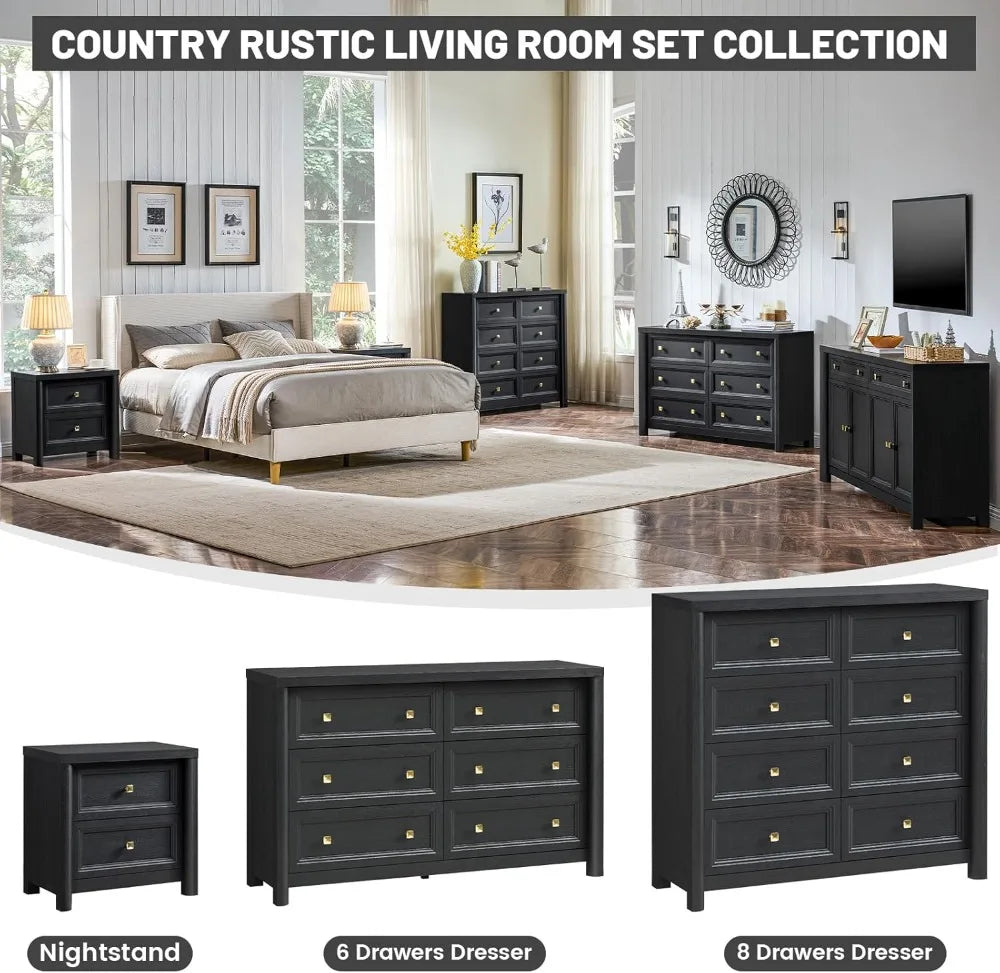 Black Dresser, Farmhouse 6 Drawer Dresser for Bedroom, 52 inch Wide Dressers with Deep Drawers, Vintage Dressers, Solid Wood