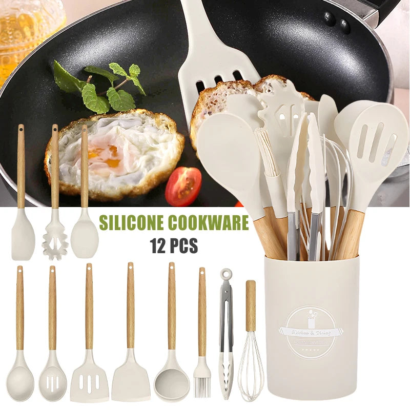 12pcs Silicone Kitchenware Cooking Utensils Set Non Stick Cookware Spatula Shovel Egg Beaters Baking Set with Storage Bucket