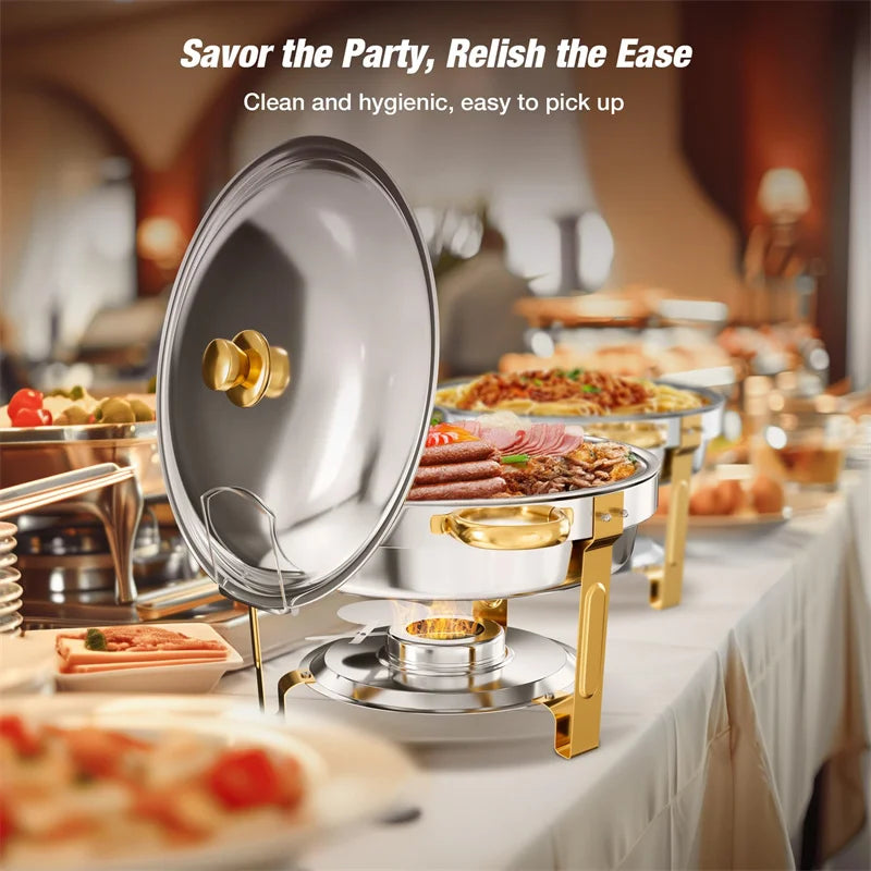 5QT 2/4 Pack Gold Round Chafing Dish Food Warmer Set with Stainless Steel Lid Fuel Can Home Party Hotel Buffet Gas Fuel Food Pan