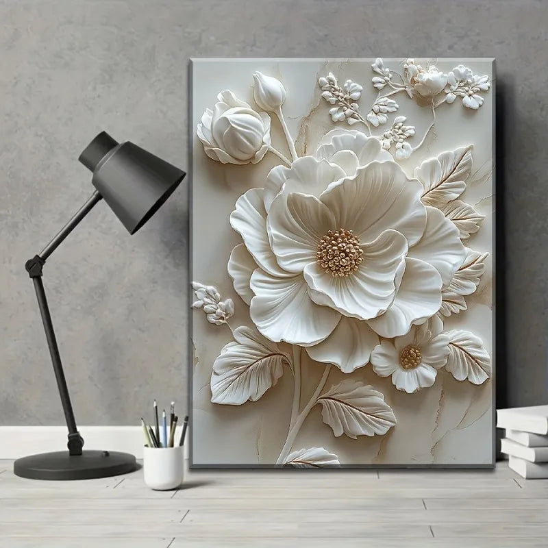 White Flower Pattern Wood Frame Canvas Mural Living Room
