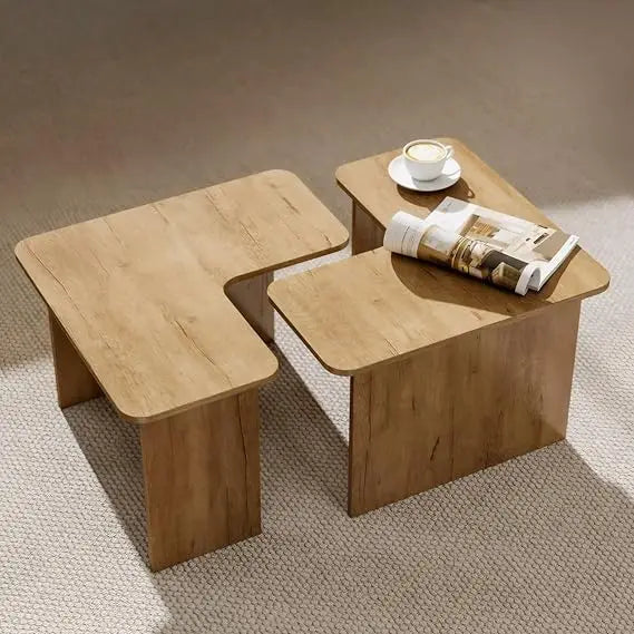 Nesting Coffee Table Set of 2, Natural Wooden L-Shape Square Coffee Table, Small Center Table End Table Sets with Rustic