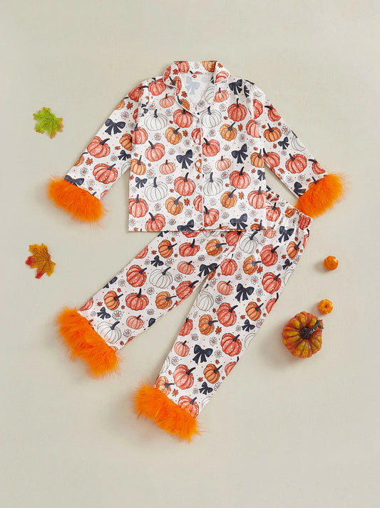 Women s Halloween Pajama Set with Fuzzy Cuffs and Ghost Print Cozy Button-Up Top and Elastic Waist Pants for Sleepwear and
