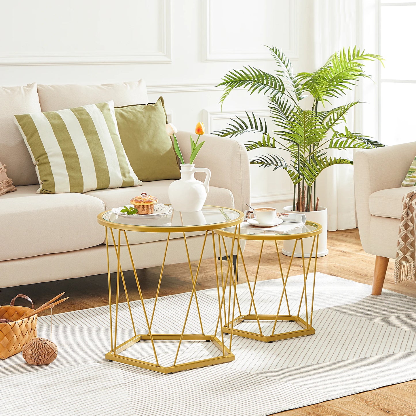 HOOBRO Coffee Table Set of 2 Round Coffee End Table with Metal Frame Glass Top Gold Side Table for Living Room and Balcony