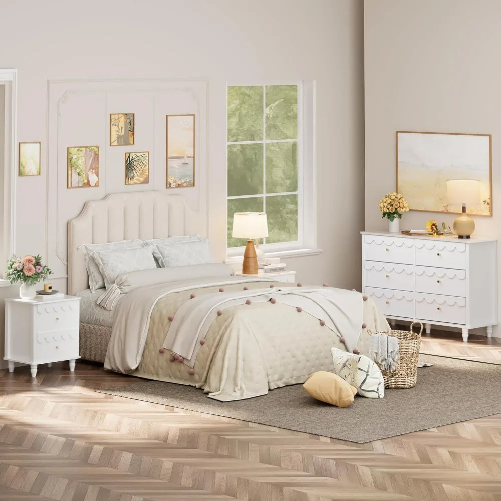 Scalloped 6 Drawer Dresser And Two Nightstands White Set
