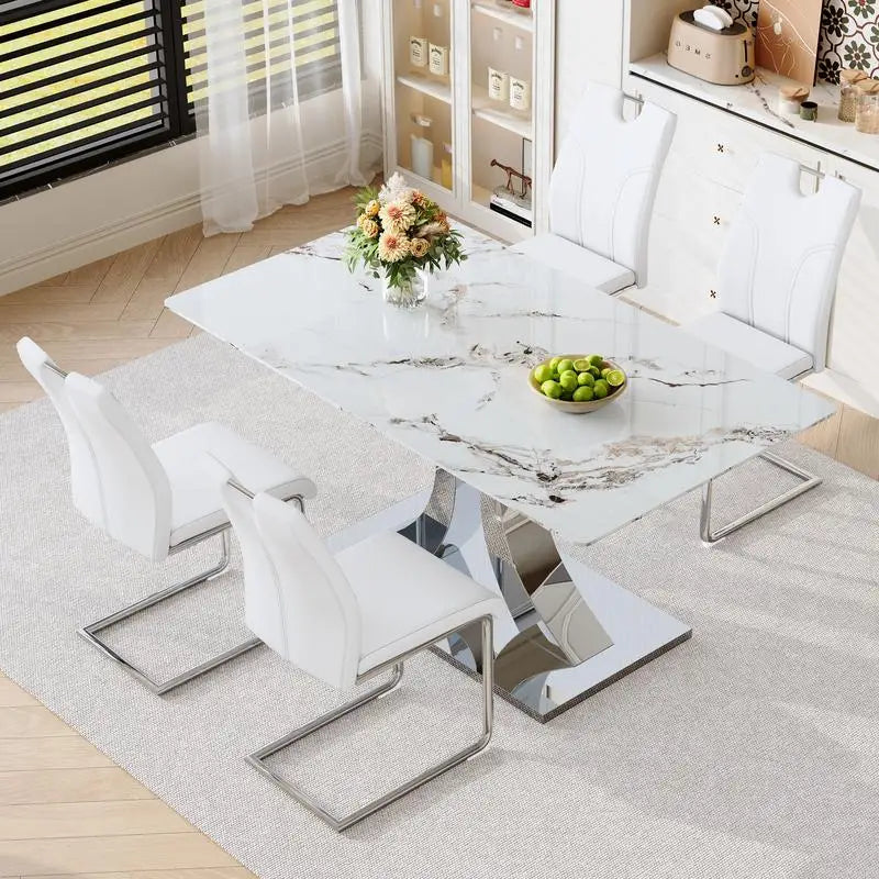 Modern 63-inch Dining Table Set with 4 Upholstered Chairs, White Glass Top & Adjustable Stainless Steel Base, Convertible for