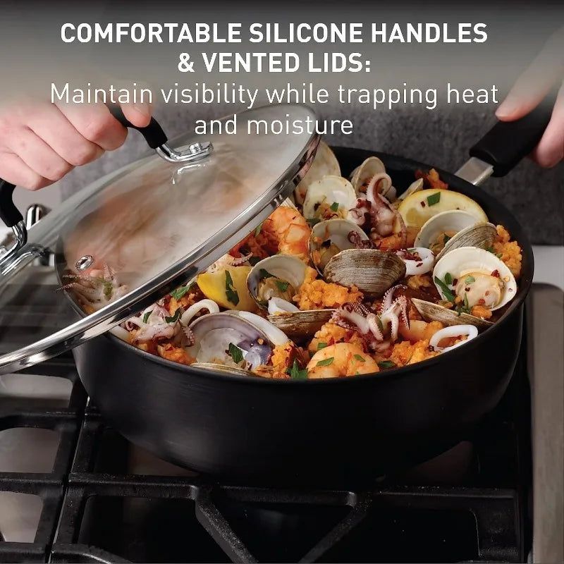 T-fal Ultimate Hard Anodized Nonstick Cookware Set 17 Piece,Oven Broiler Safe 400F,Lid Safe 350F,Kitchen Cooking Set w/ Fry Pans