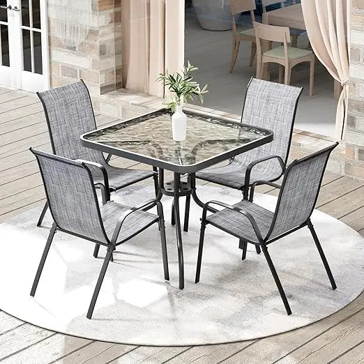 5 Piece Outdoor Patio Dining Set (Umbrella not Included), Porch Furniture with 4 Textline Chairs, 1 Square Glass Table for Gard