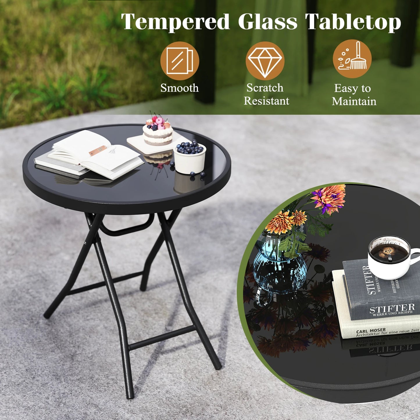 18" Folding Side Table Round Compact Coffee Table w/Tempered Glass Tabletop