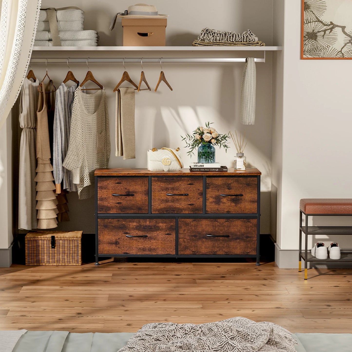 Modern Living Room Display Cabinet With Fabric Drawers and Steel Frame