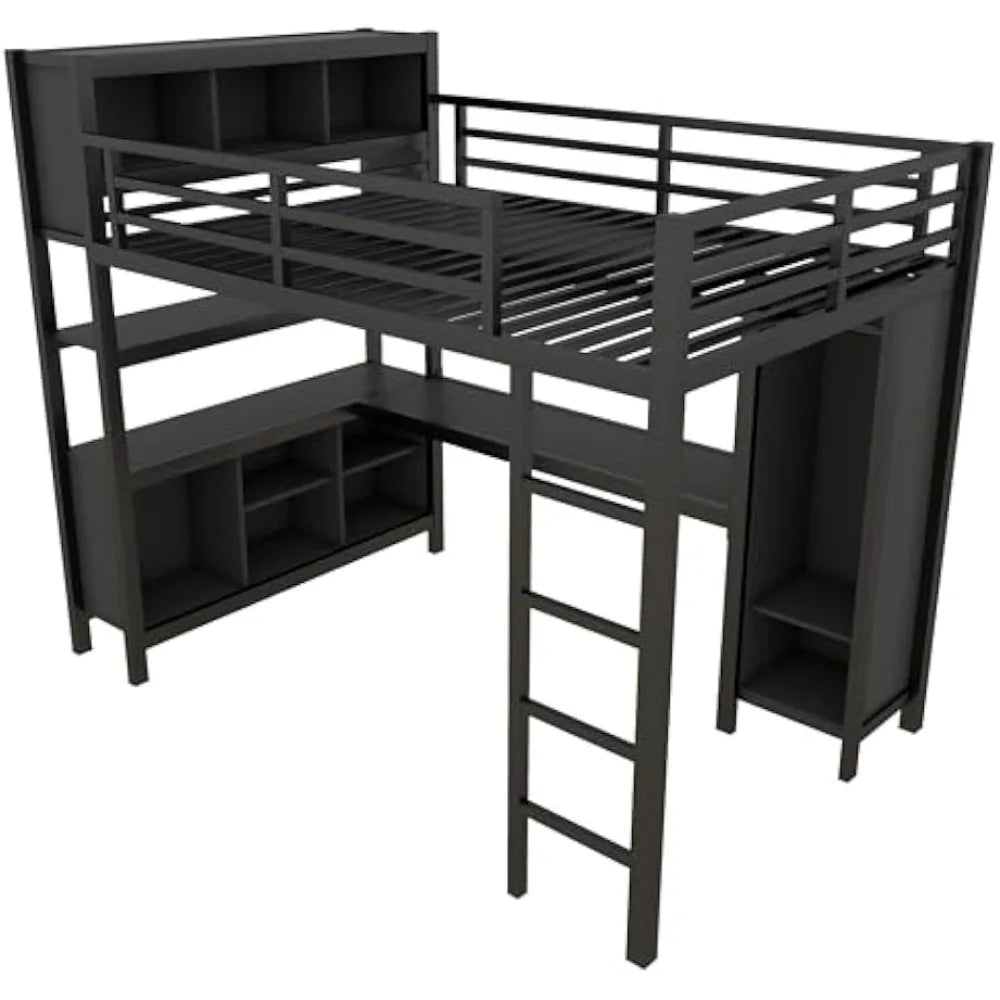 JYH Full Size Loft Bed for Teens and Adults, Metal Loft Bed with Wardrobe and L-Shaped Desk, Heavy Duty Full Bed with Storage Cu