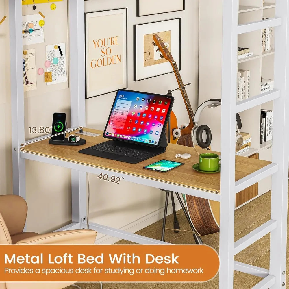Metal Loft Bed Twin Size with Desk and Charging Station White Twin Loft Bed with LED Lights, 4 Storage Shelves and 2 Fabric Dra