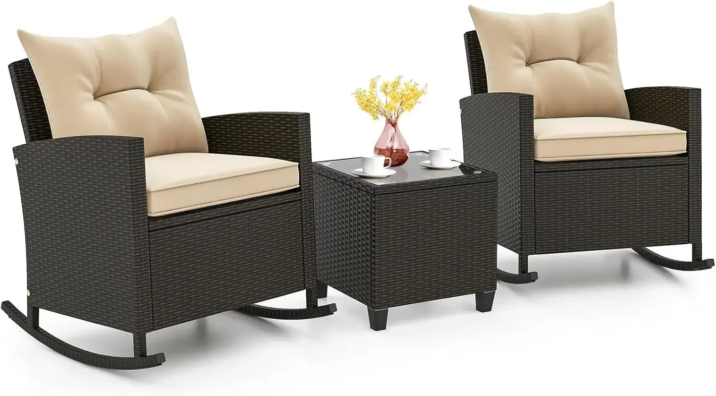 3 Piece Patio Furniture Rocking Bistro Set, Wicker Outdoor Rocking Chairs & Glass Table, PE Rattan Conversation Set
