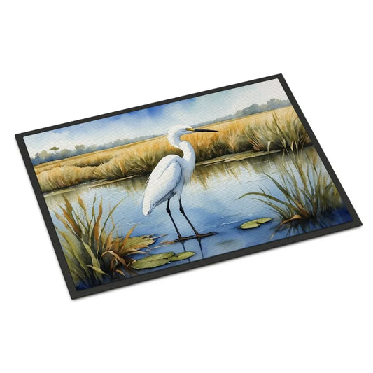 Snowy Egret in Coastal Marshes Doormat Front Door Mat Indoor Outdoor Rugs for Entryway Non Slip Washable Low Pile 24H X 36W