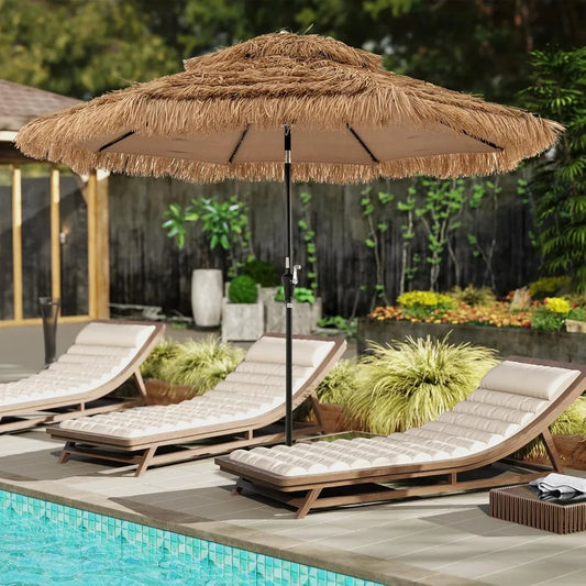 10 ft Thatched Patio Umbrella, 2 Tier Hawaiian Style Grass Beach Umbrella with 32 Led Lights, Center Light, Solar Tiki Umbrella