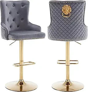 Bar Stools Set of 2, Golden Base Counter Height Stools with Footrest, Velvet Adjustable Swivel Kitchen Island Chair with Uphols
