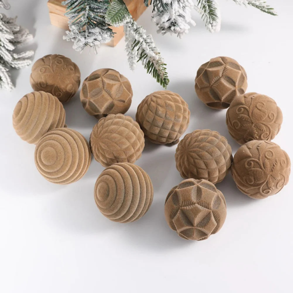 12Pcs/Box 6cm Christmas Flocked Cloth Velvet Balls Pendant Xmas Tree Hanging Ornaments Merry Christmas Decoration New Year Gift