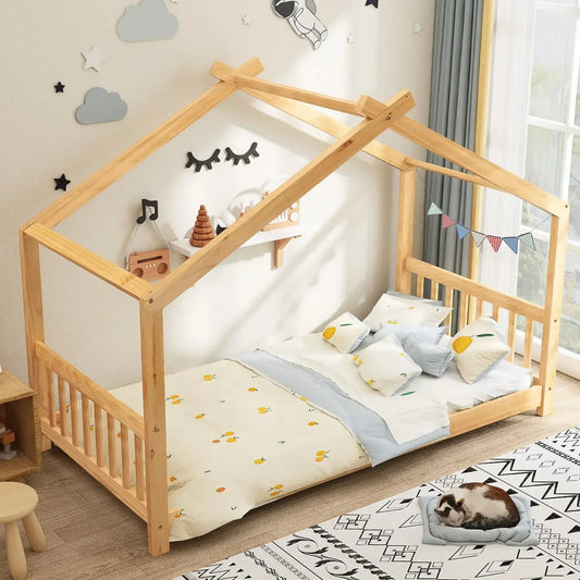 White house Children Beds，Low Profile House Bed, Wood House-Shaped Twin Platform Bed for Kids, No Box Spring Needed