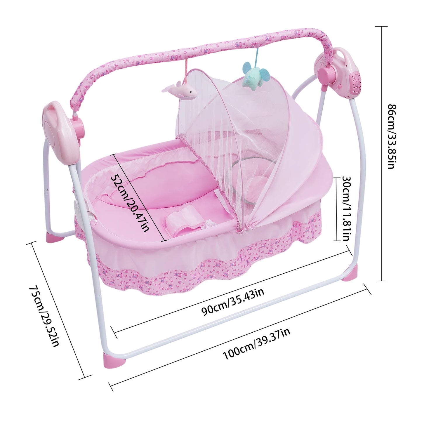 Baby swing with 12 songs, Bluetooth & USB connection, 5 swing speeds, foldable design, energy-saving timer, safety belt, and ant