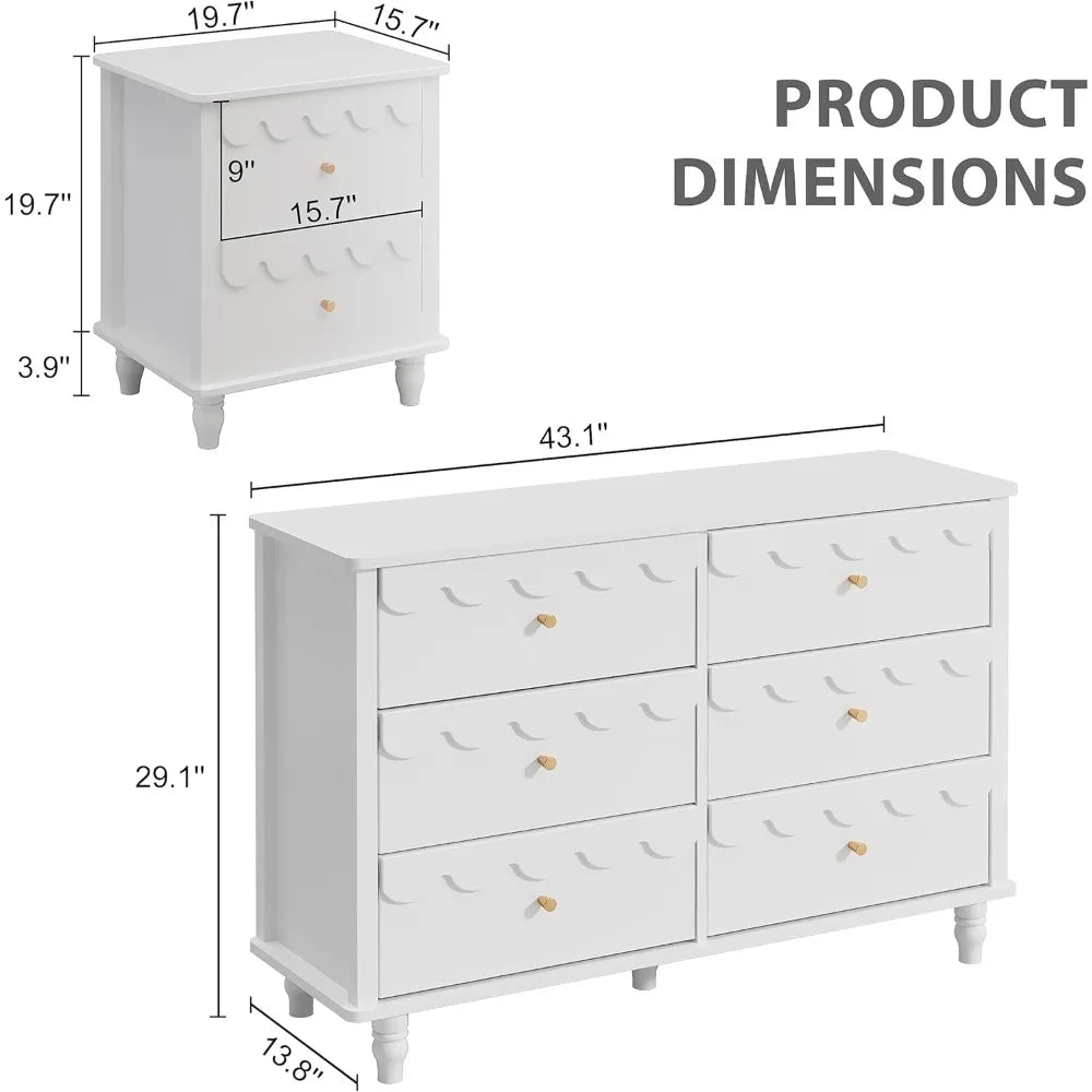 Scalloped 6 Drawer Dresser And Two Nightstands White Set