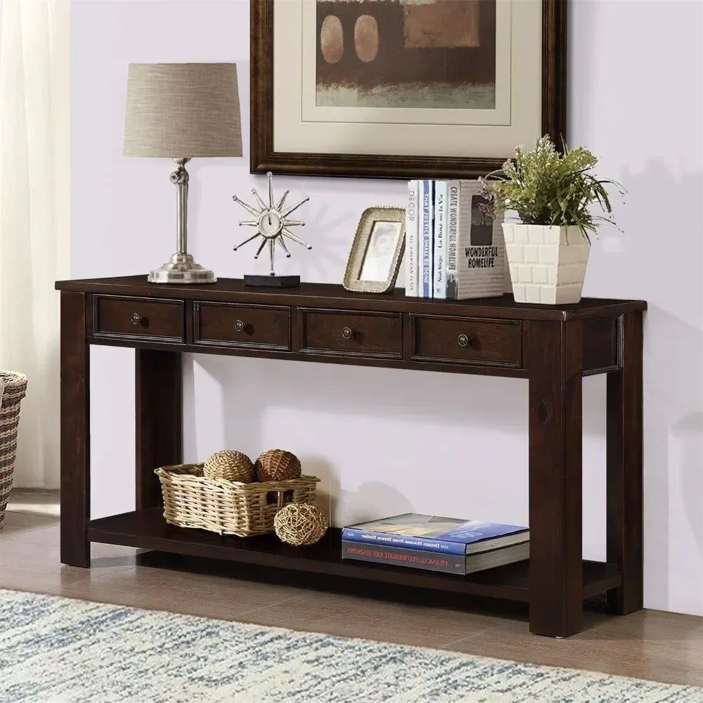 Modern Wood Console Table Sofa Table with 4 Drawers And 1 Bottom Shelf for Entryway Corridor Dining Room Decorative Furniture