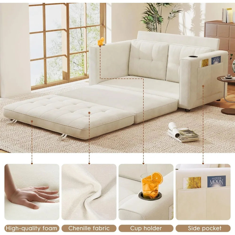 55" Convertible Folding Sofa Bed, Pull Out Couch Love Seat Sleeper Bed, Small Fold Out Loveseat Sleeper with Cup Holder