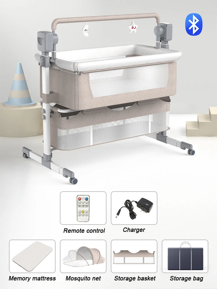 Electric Bluetooth Baby Crib Portable Baby Bed Baby Easy to Clean Travel Bed with Mattress Cradle for Newborns Infant Cot 0-3 Y.